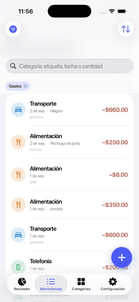 Lista de movimientos en Gastracky