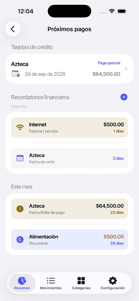 Próximos pagos en Gastracky